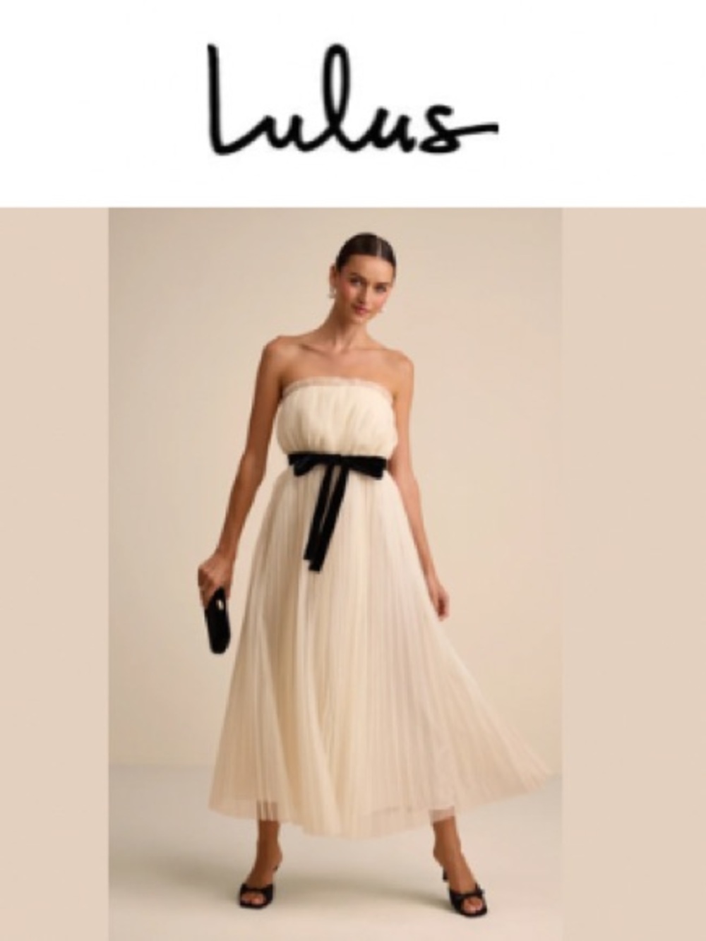 🆕Lulu's Strapless Cream Pleated Midi Dress with Black Bow